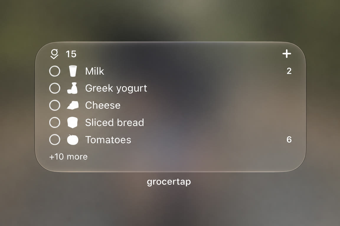 grocertap Home Screen widget showing 15 grocery items and the first five entries